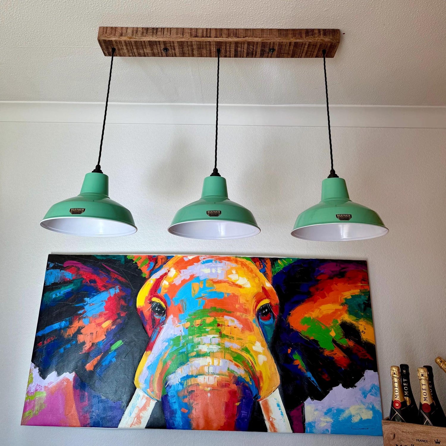 Filby ~ 3 x Fresh Teal Green Lampshade Pendant Set Wooden Track Light | Dining Room | Kitchen Table