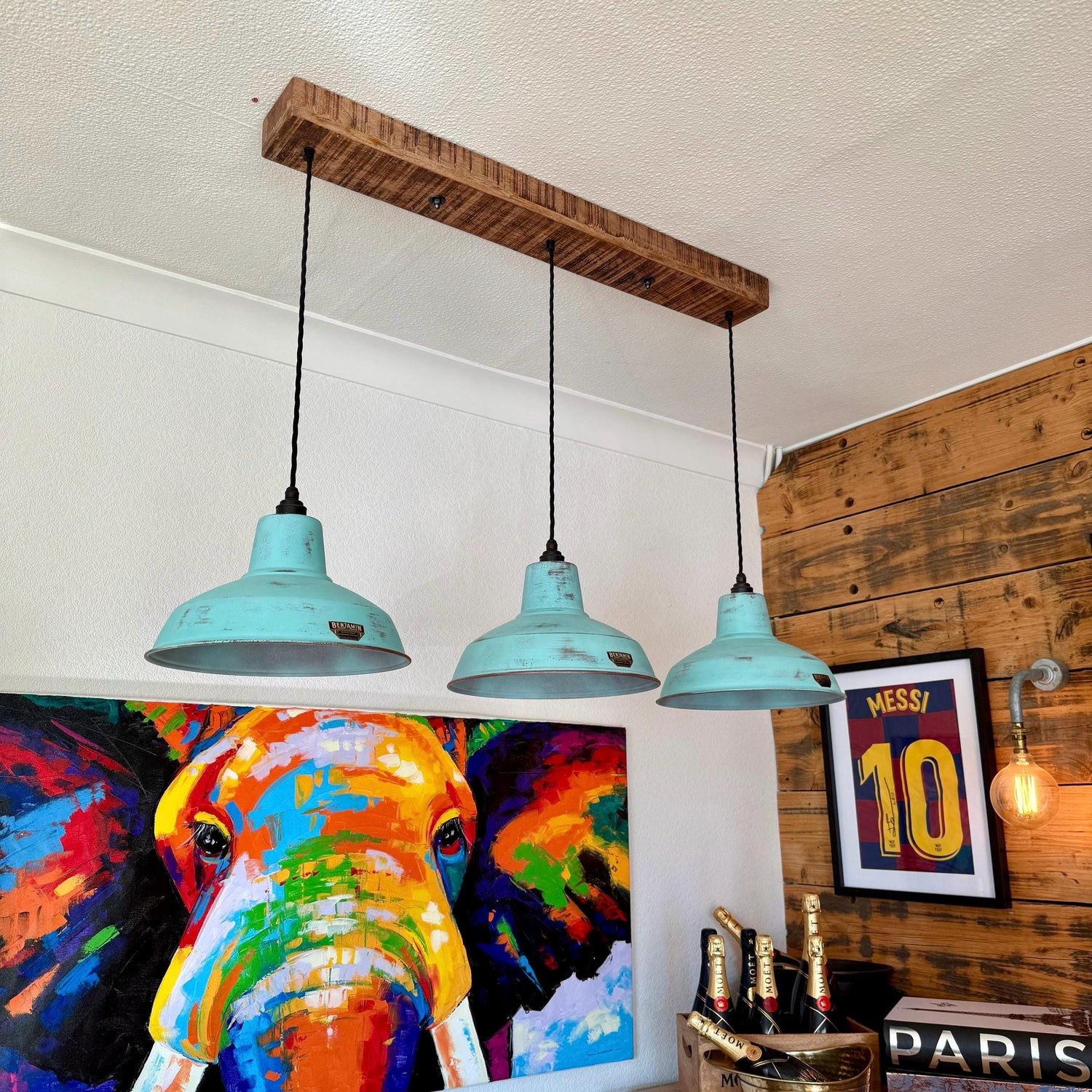 Filby ~ 3 x Verdigris Copper Patina Lampshade Pendant Set Wooden Track Light | Dining Room | Kitchen Table