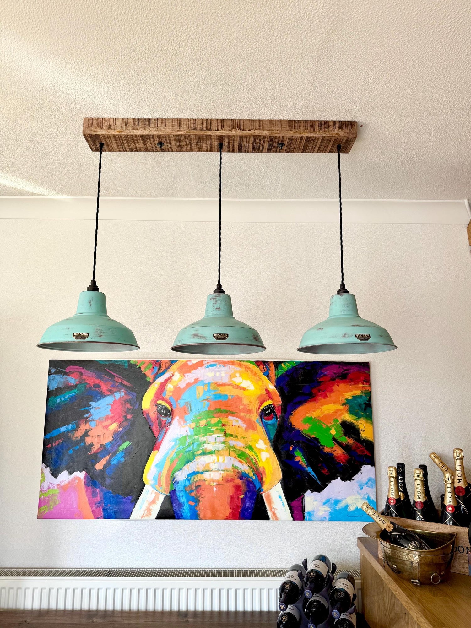 Filby ~ 3 x Verdigris Copper Patina Lampshade Pendant Set Wooden Track Light | Dining Room | Kitchen Table