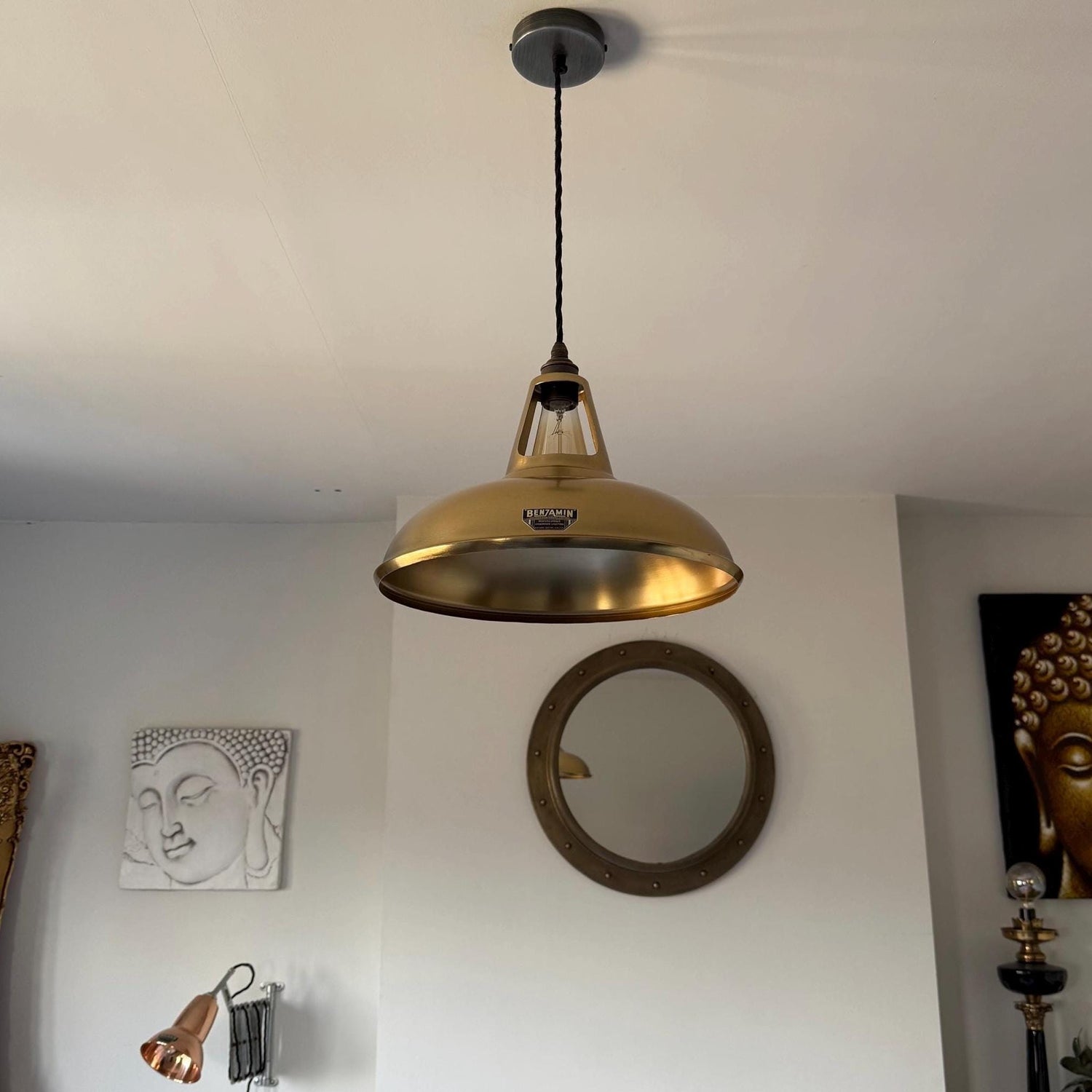 Cawston XL - Antique Brushed Brass Lampshade Pendant Ceiling Light - 14 Inch