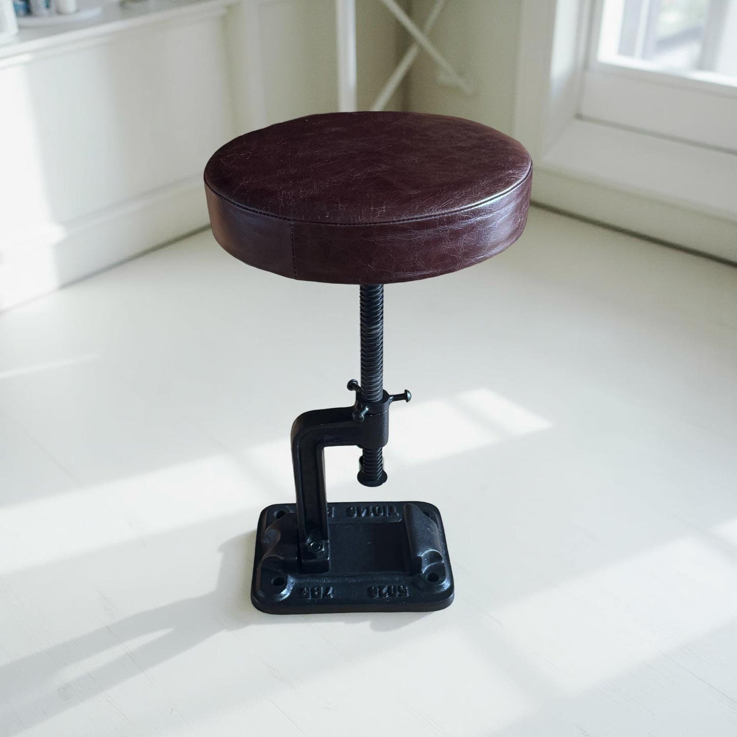 Vice Clamp Industrial Solid Bar Stool Wood or Leather Top Solid Cast Metal Base | Vintage Style | Floor Standing