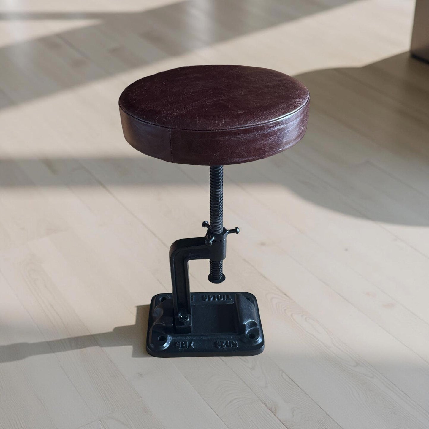 Vice Clamp Industrial Solid Bar Stool Wood or Leather Top Solid Cast Metal Base | Vintage Style | Floor Standing