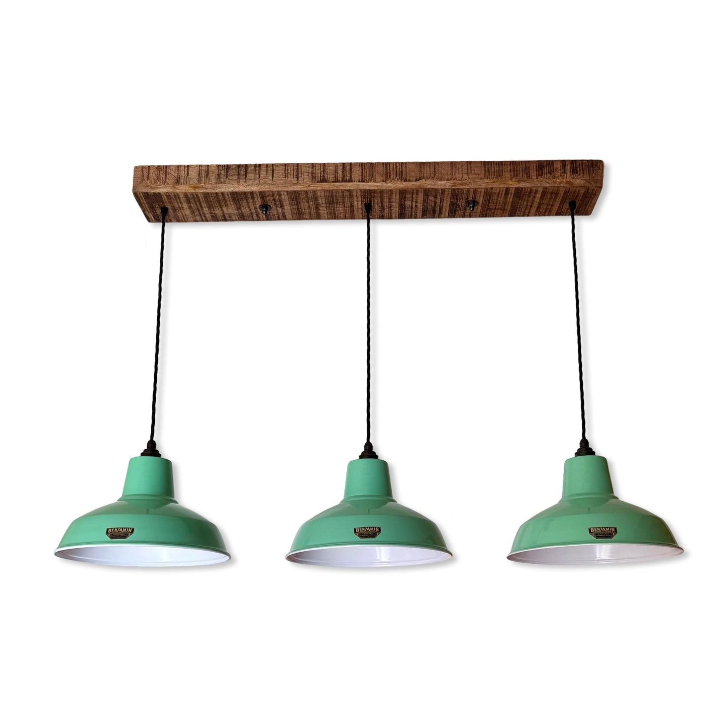 Filby ~ 3 x Fresh Teal Green Lampshade Pendant Set Wooden Track Light | Dining Room | Kitchen Table