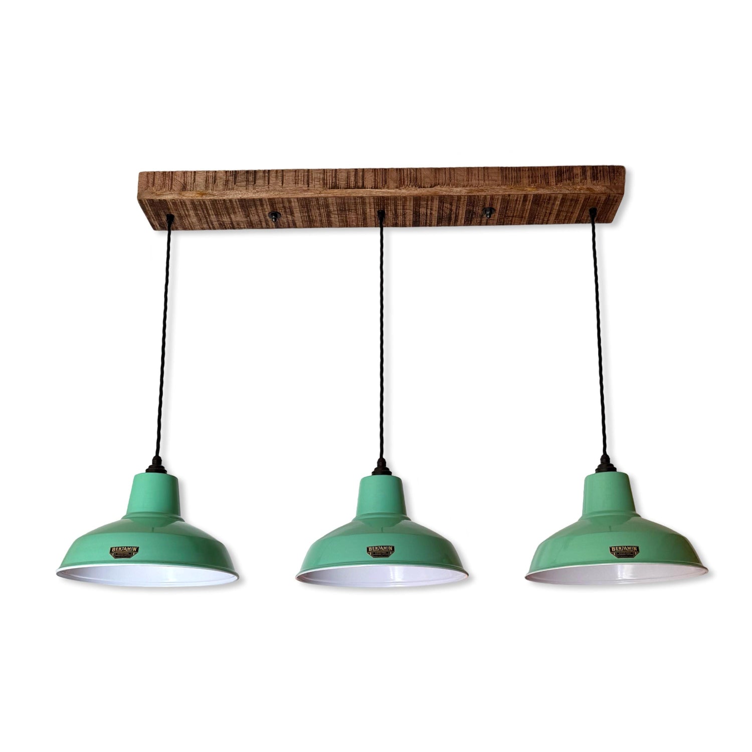 Filby ~ 3 x Fresh Teal Green Lampshade Pendant Set Wooden Track Light | Dining Room | Kitchen Table