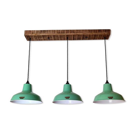 Filby ~ 3 x Fresh Teal Green Lampshade Pendant Set Wooden Track Light | Dining Room | Kitchen Table