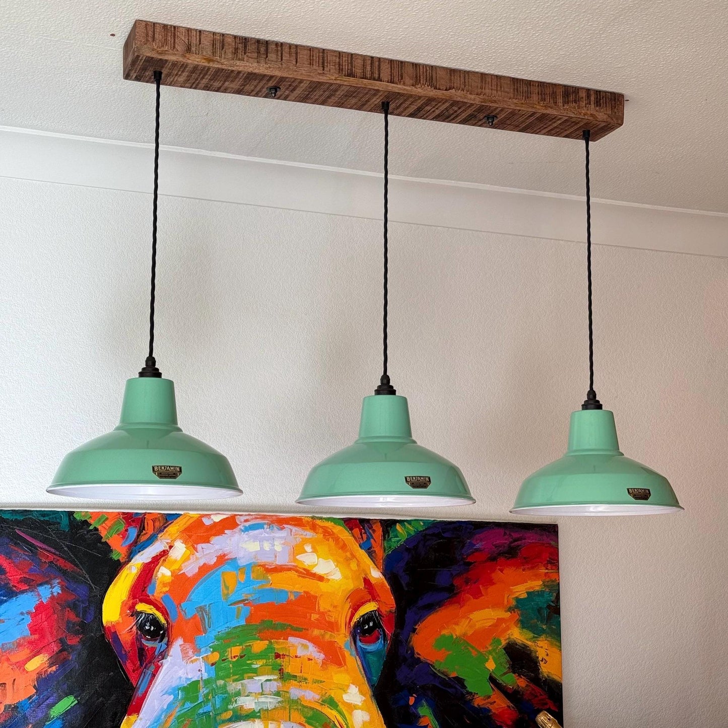 Filby ~ 3 x Fresh Teal Green Lampshade Pendant Set Wooden Track Light | Dining Room | Kitchen Table