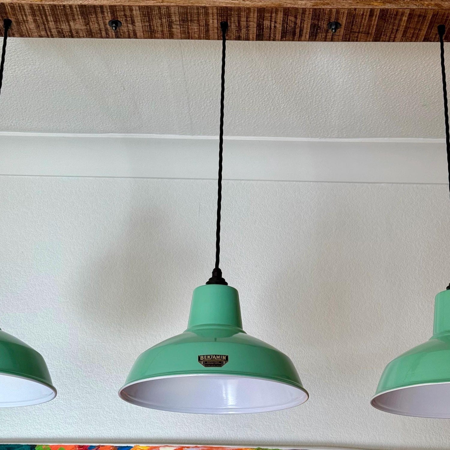 Filby ~ 3 x Fresh Teal Green Lampshade Pendant Set Wooden Track Light | Dining Room | Kitchen Table