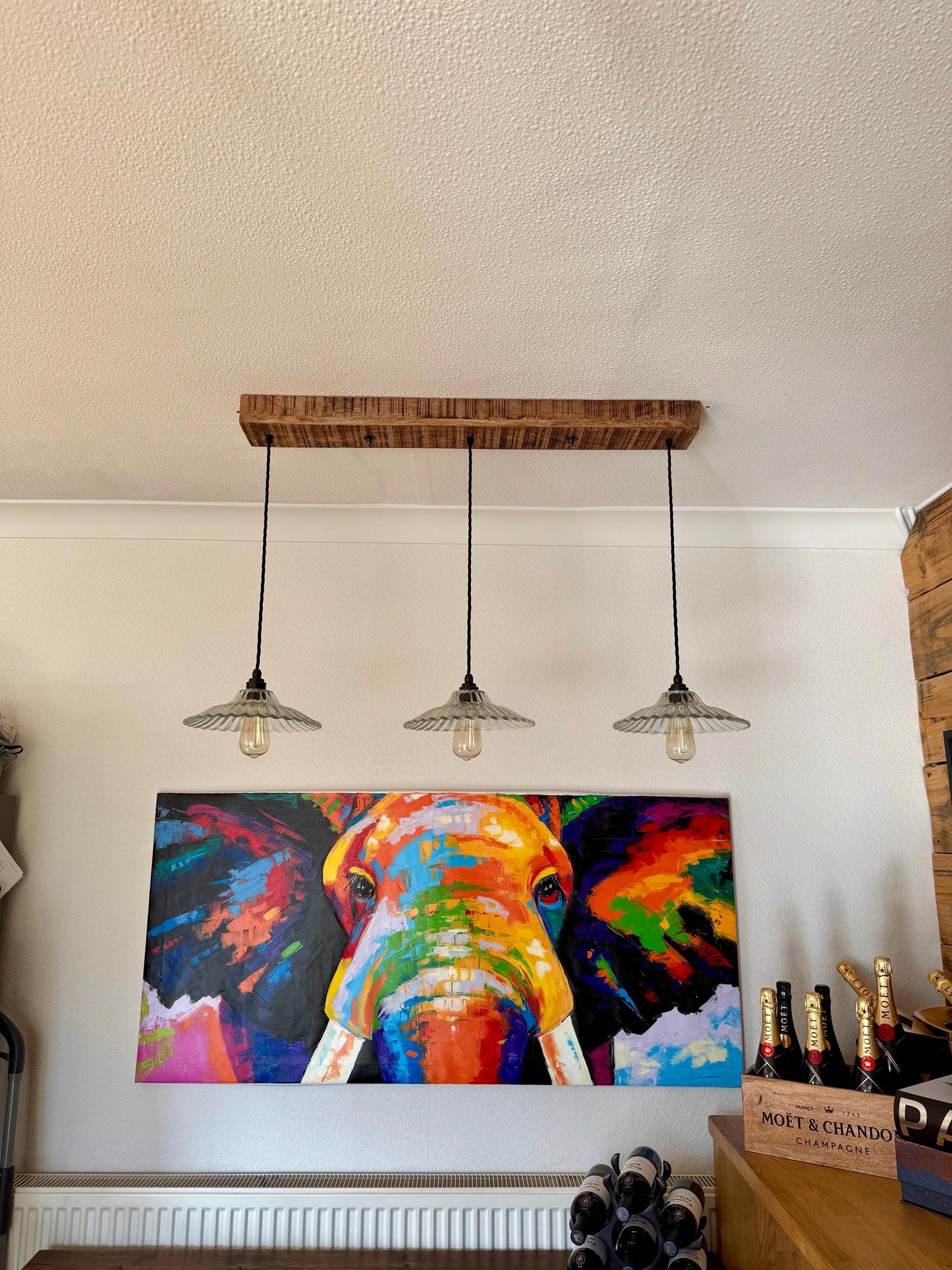 Lenwade ~ 3 x Glass Lampshade Pendant Set Wooden Track Light | Dining Room | Kitchen Table