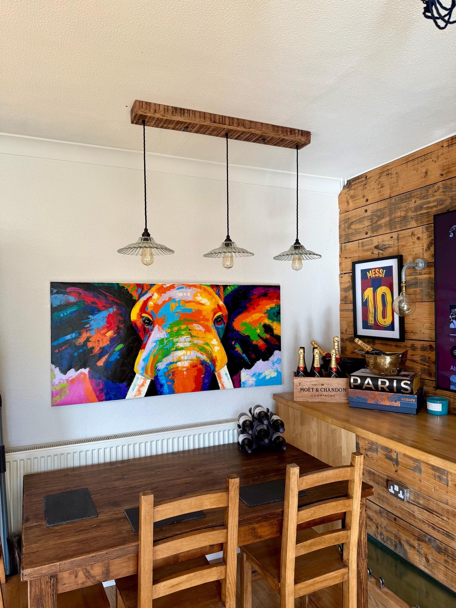 Lenwade ~ 3 x Glass Lampshade Pendant Set Wooden Track Light | Dining Room | Kitchen Table