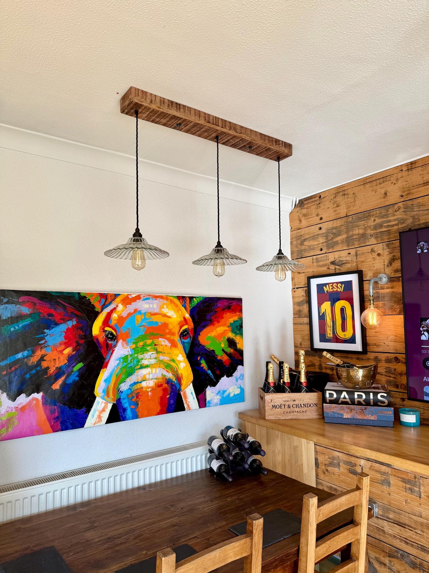 Lenwade ~ 3 x Glass Lampshade Pendant Set Wooden Track Light | Dining Room | Kitchen Table