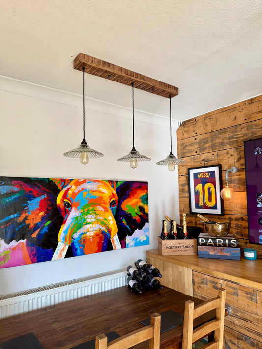 Lenwade ~ 3 x Glass Lampshade Pendant Set Wooden Track Light | Dining Room | Kitchen Table