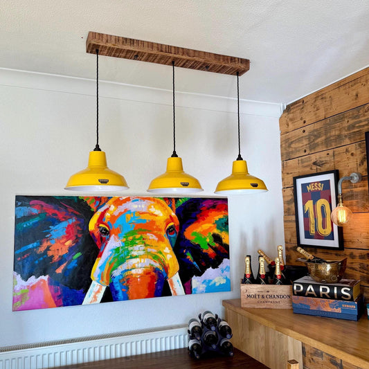 Filby ~ 3 x Summer Yellow Lampshade Pendant Set Wooden Track Light | Dining Room | Kitchen Table