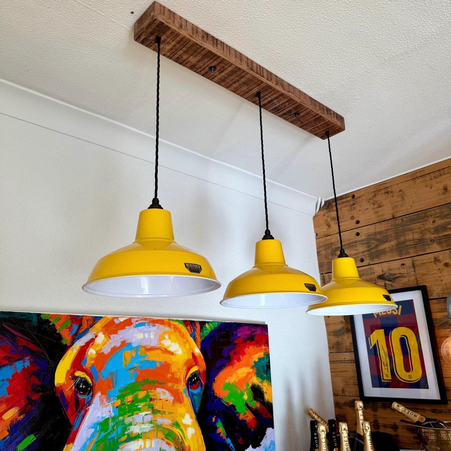 Filby ~ 3 x Summer Yellow Lampshade Pendant Set Wooden Track Light | Dining Room | Kitchen Table