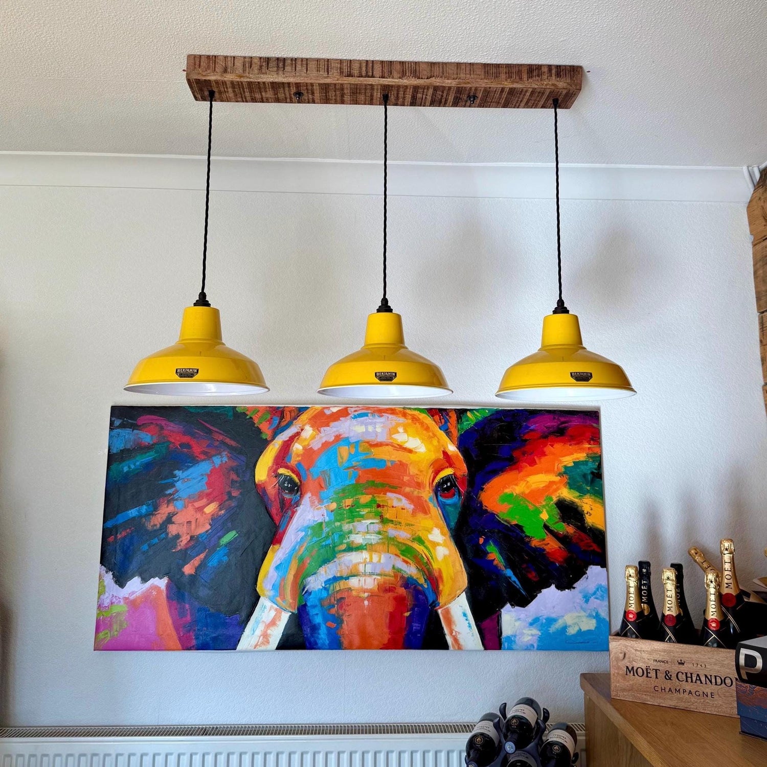 Filby ~ 3 x Summer Yellow Lampshade Pendant Set Wooden Track Light | Dining Room | Kitchen Table