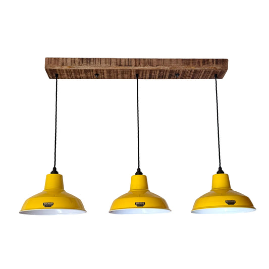 Filby ~ 3 x Summer Yellow Lampshade Pendant Set Wooden Track Light | Dining Room | Kitchen Table