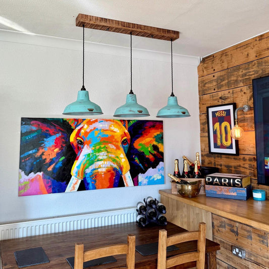 Filby ~ 3 x Verdigris Copper Patina Lampshade Pendant Set Wooden Track Light | Dining Room | Kitchen Table