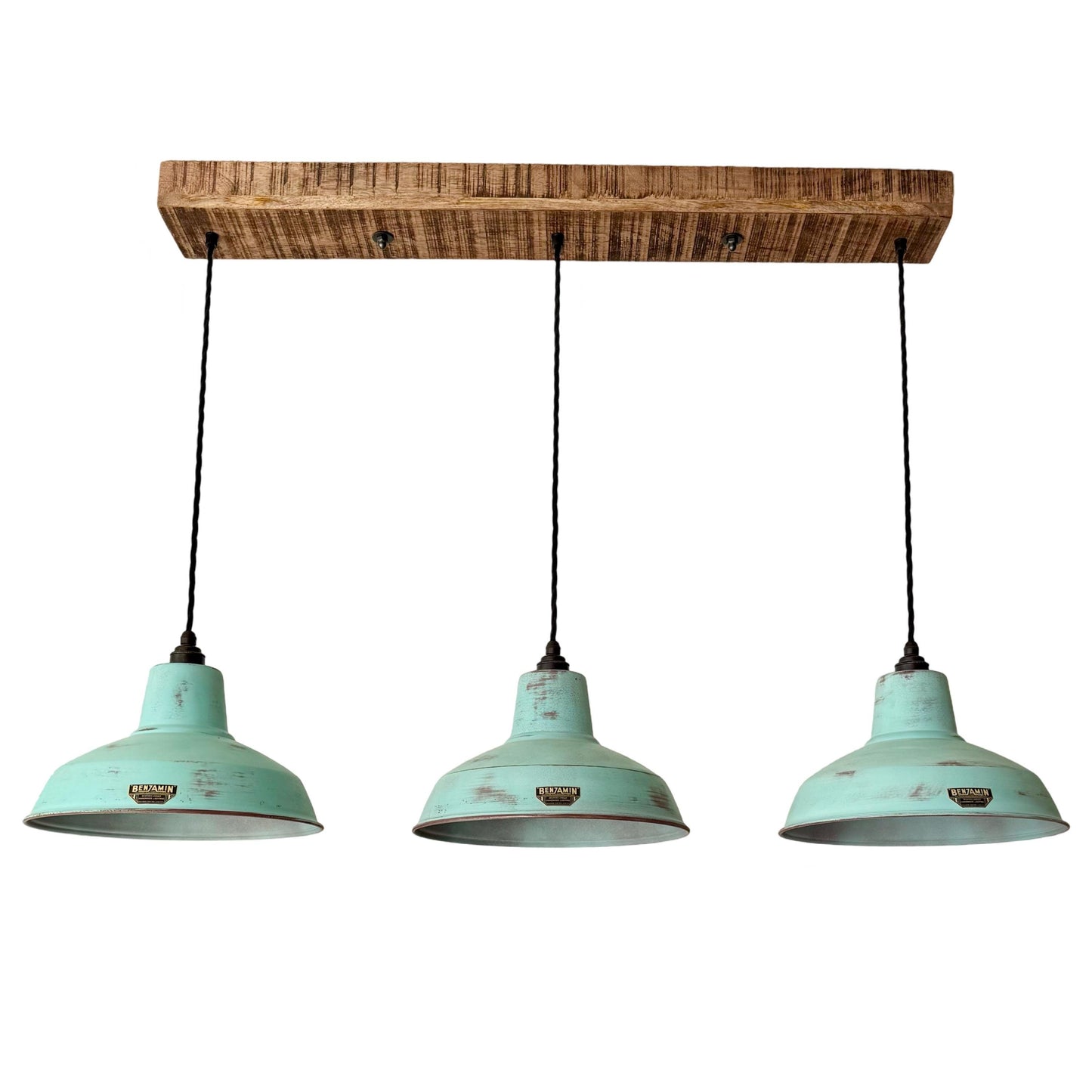 Filby ~ 3 x Verdigris Copper Patina Lampshade Pendant Set Wooden Track Light | Dining Room | Kitchen Table