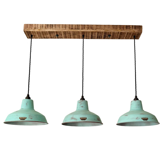 Filby ~ 3 x Verdigris Copper Patina Lampshade Pendant Set Wooden Track Light | Dining Room | Kitchen Table