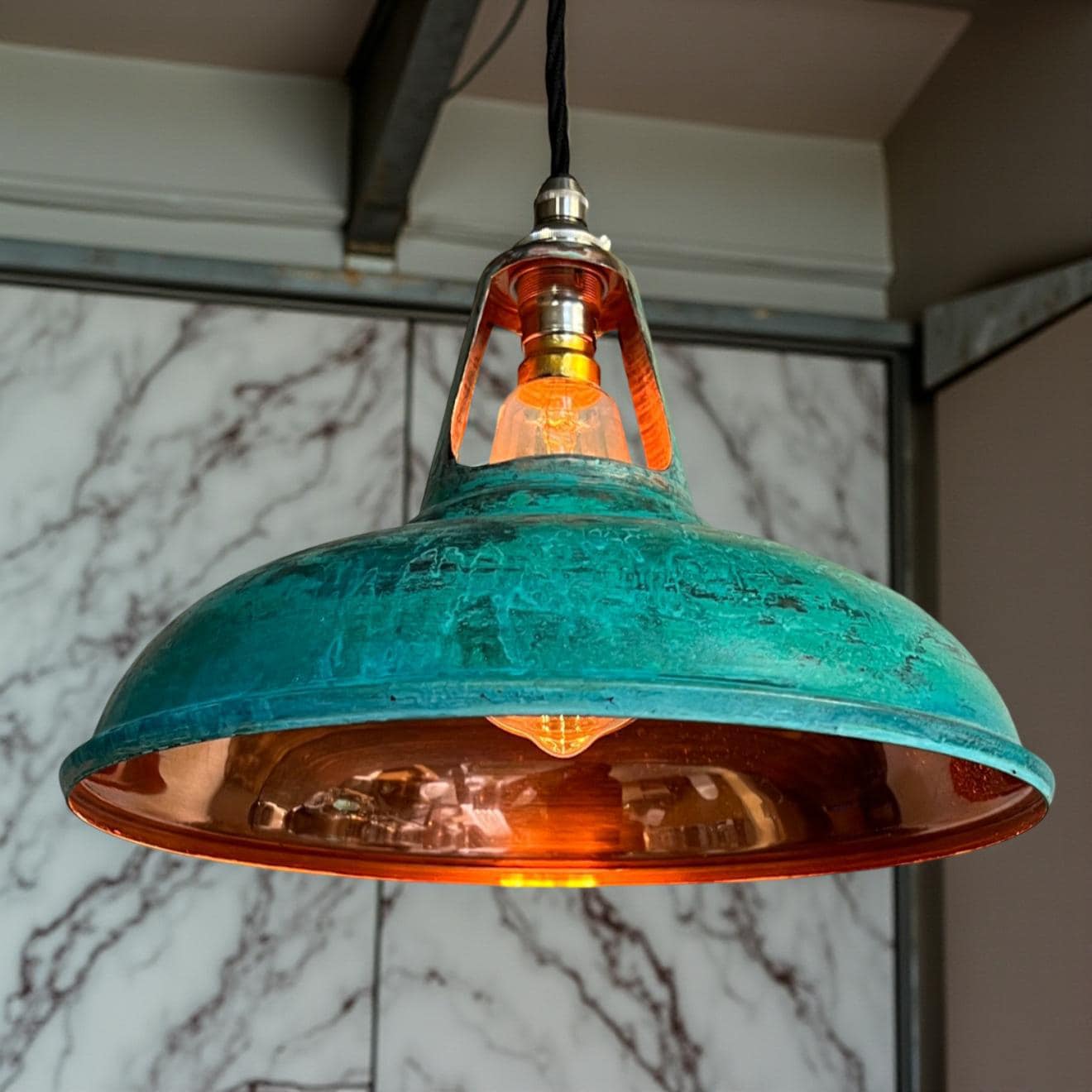 Cawston - Solid Copper Verdigris Patina Slotted Lampshade Pendant Set Light - 11 Inch