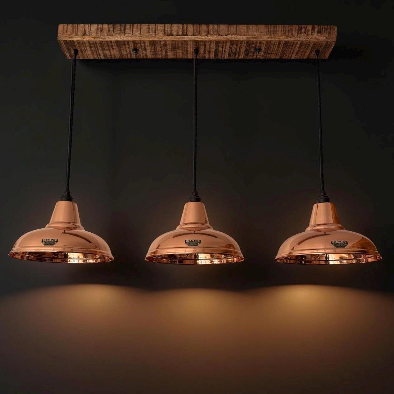 Salthouse - 3 x Solid Copper Lampshade Pendant Set Wooden Track Tabke Light