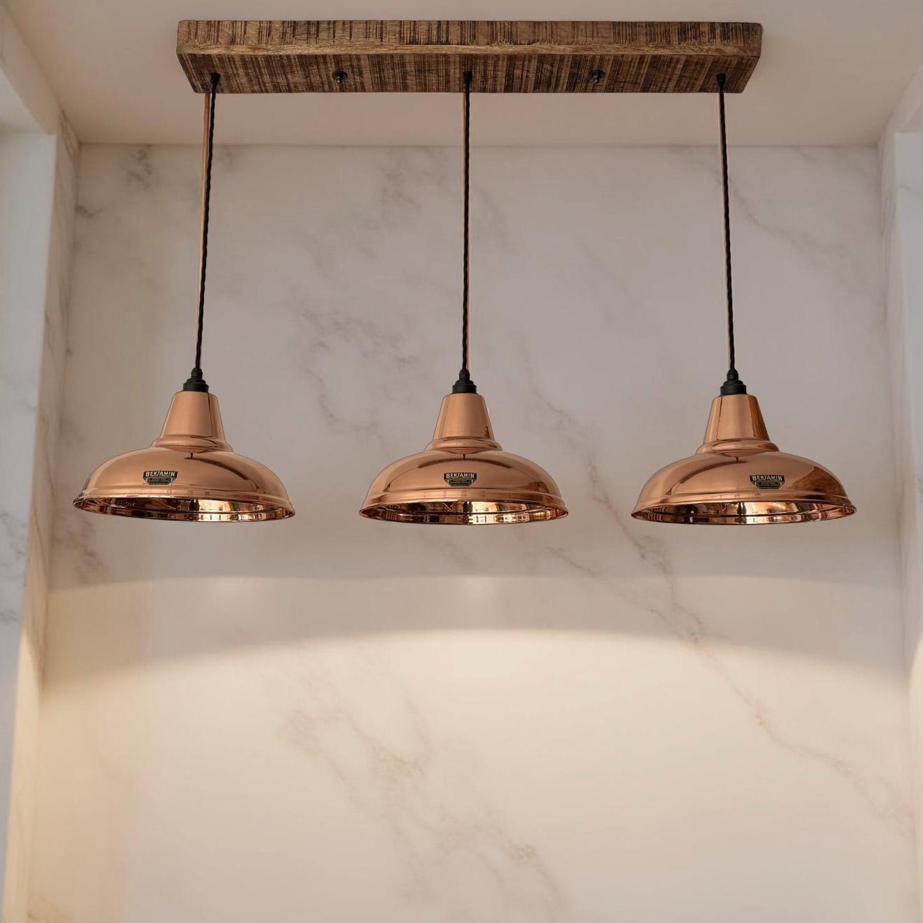 Salthouse - 3 x Solid Copper Lampshade Pendant Set Wooden Track Tabke Light