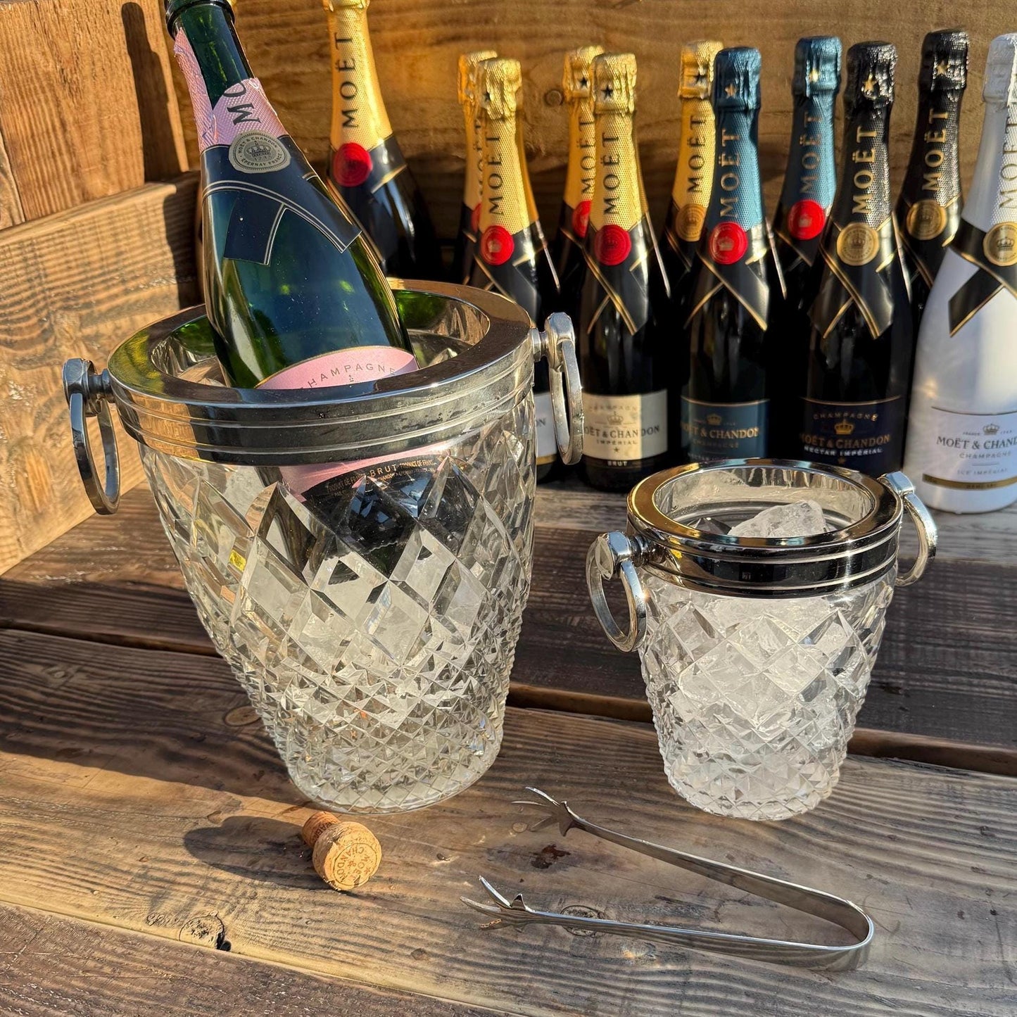 Luxury 3 Piece Solid Glass Hand Cut Engraved Wine & Champagne Ice Cooler