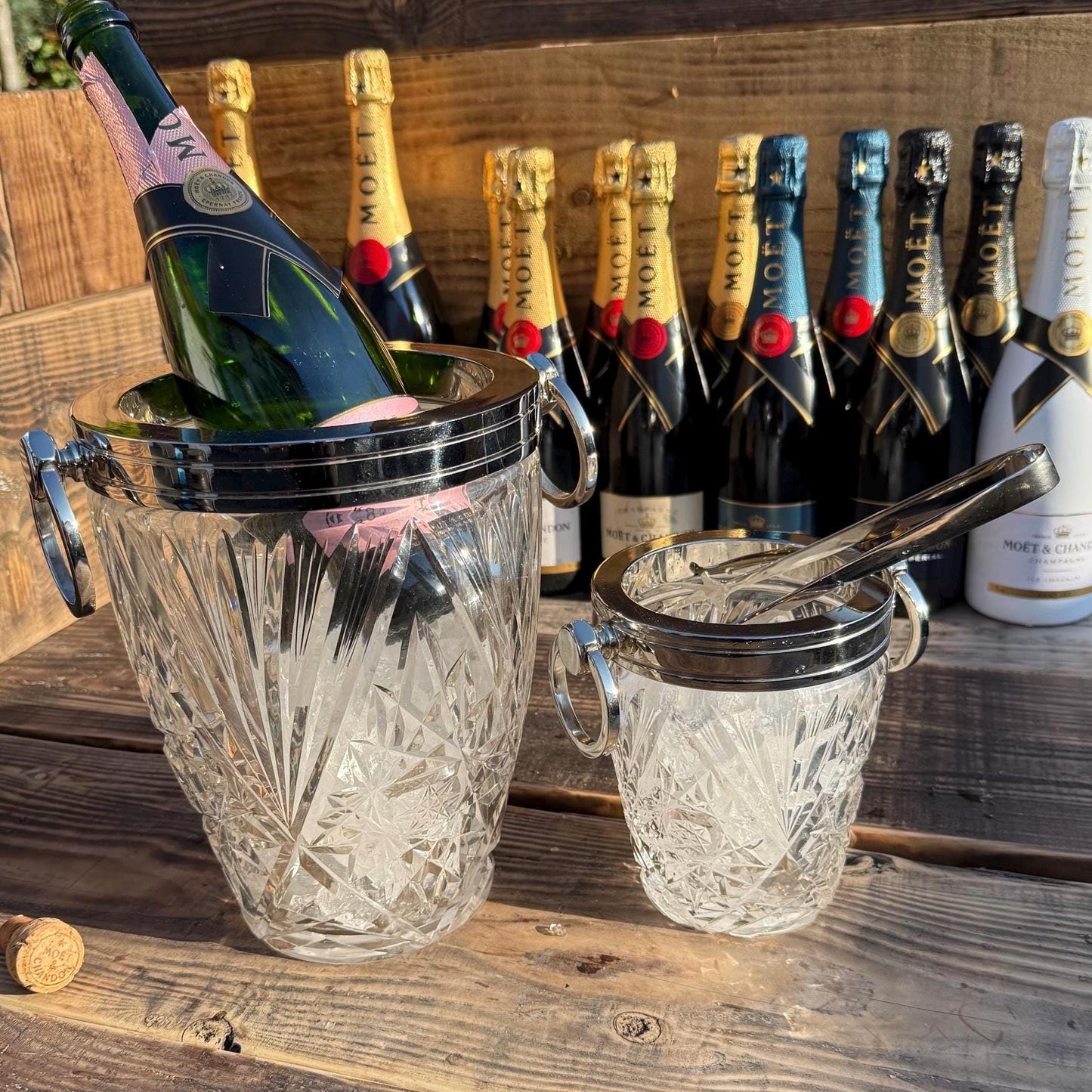 Luxury 3 Piece Solid Glass Hand Cut Engraved Wine & Ice Cooler Champagne French Bucket