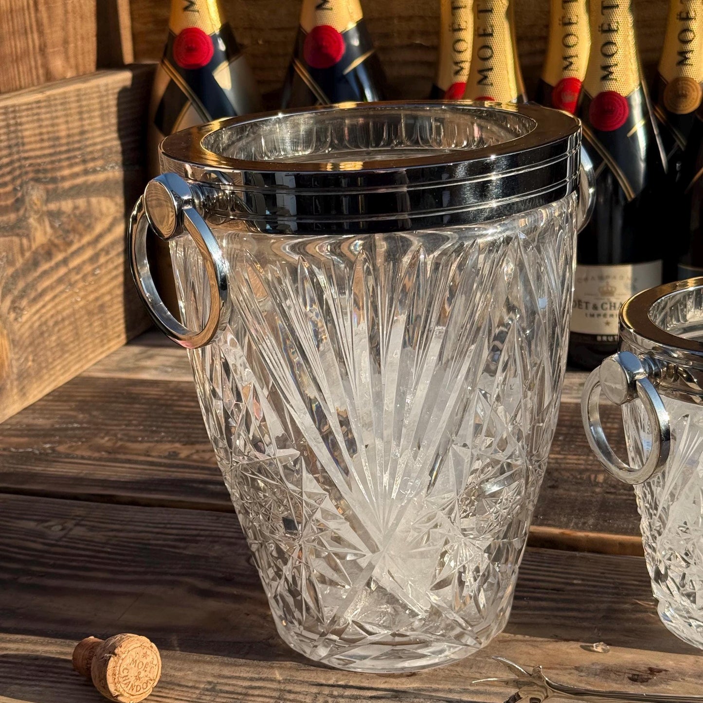 Luxury 3 Piece Solid Glass Hand Cut Engraved Wine & Ice Cooler Champagne French Bucket