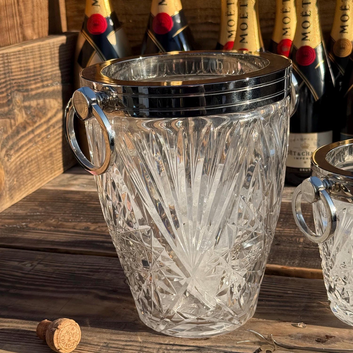 Luxury 3 Piece Solid Glass Hand Cut Engraved Wine & Ice Cooler Champagne French Bucket