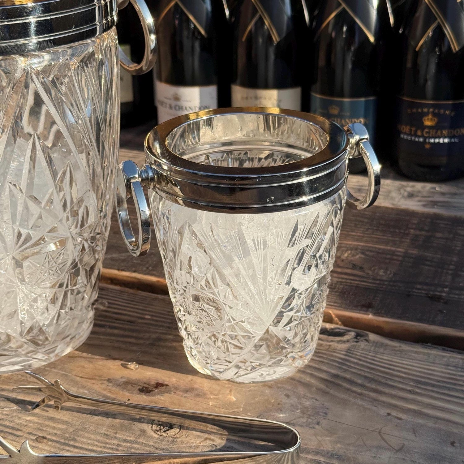 Luxury 3 Piece Solid Glass Hand Cut Engraved Wine & Ice Cooler Champagne French Bucket