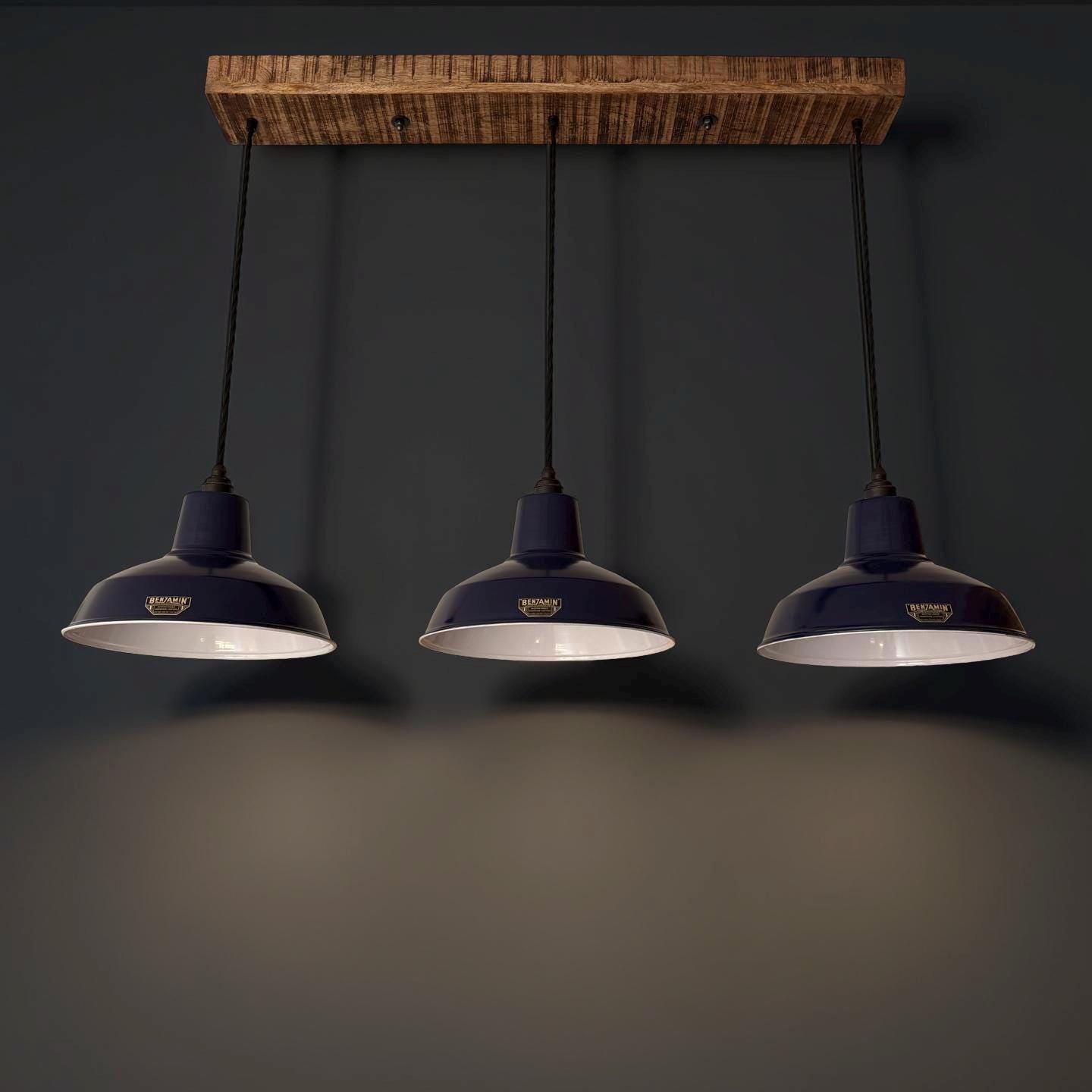 Filby - 3 x Royal Blue Lampshade Pendant Set Wooden Track Light | Dining Room | Kitchen Table