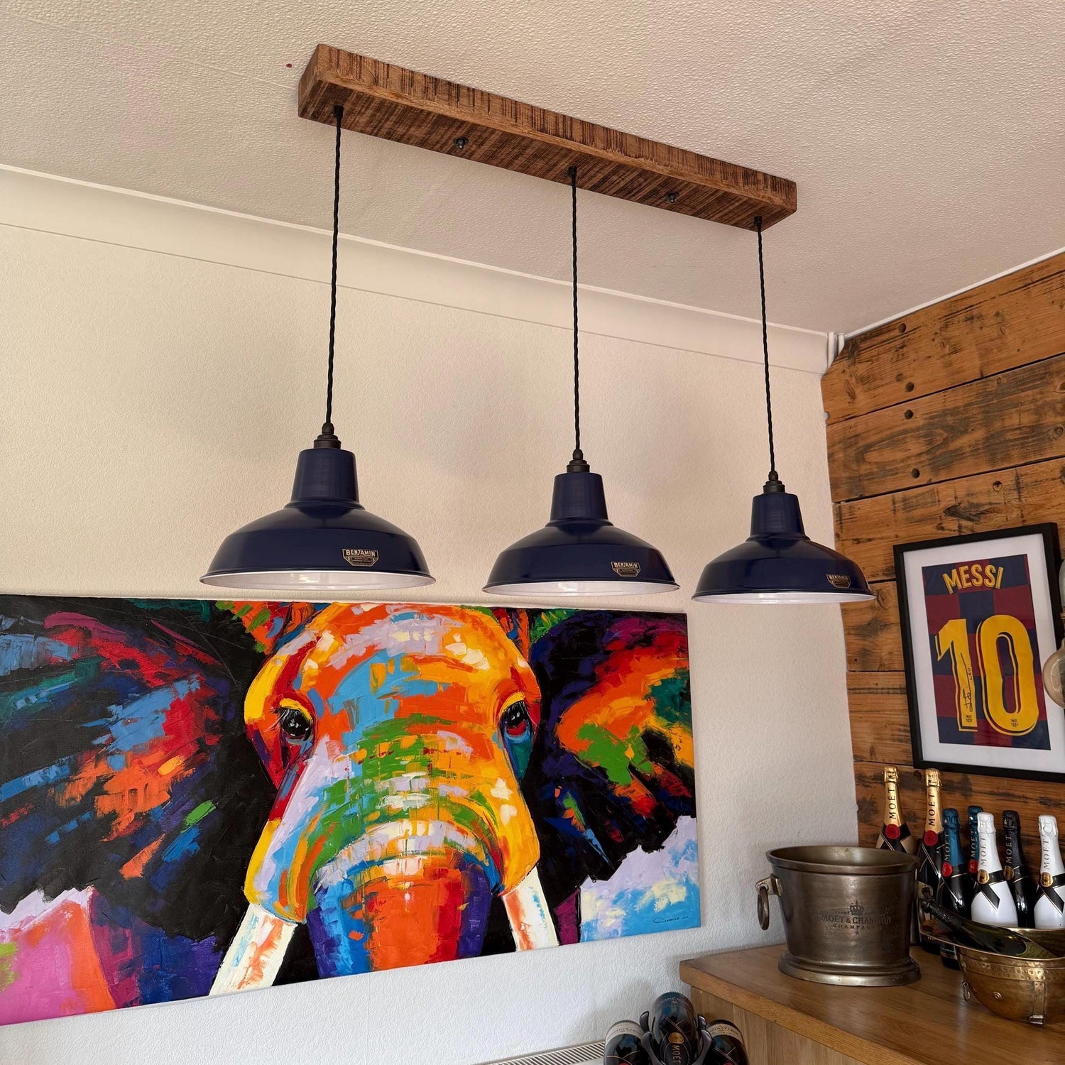 Filby - 3 x Royal Blue Lampshade Pendant Set Wooden Track Light | Dining Room | Kitchen Table