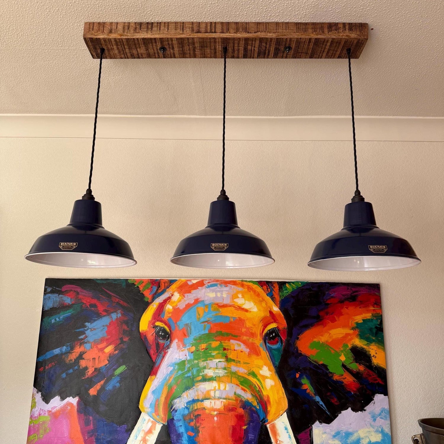 Filby - 3 x Royal Blue Lampshade Pendant Set Wooden Track Light | Dining Room | Kitchen Table