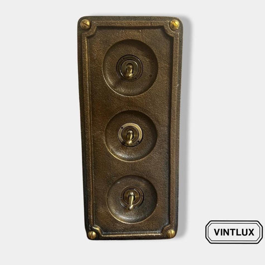 3 Gang Solid Cast Bronze Metal Conduit Light Switch Industrial 2 Way - BS EN Approved Vintage Crabtree 1950’s Style