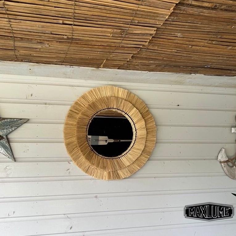 Maxlume ~ Handmade Round Wall Glass Mirror double contour cane raffia for an ultra trendy decoration | made by hand | 22 Inch