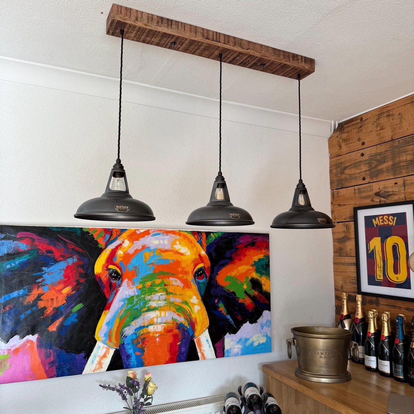 Cawston ~ 3 x Pewter Grey Lampshade Pendant Set Wooden Track Light | Dining Room Table | Kitchen Island Lighting