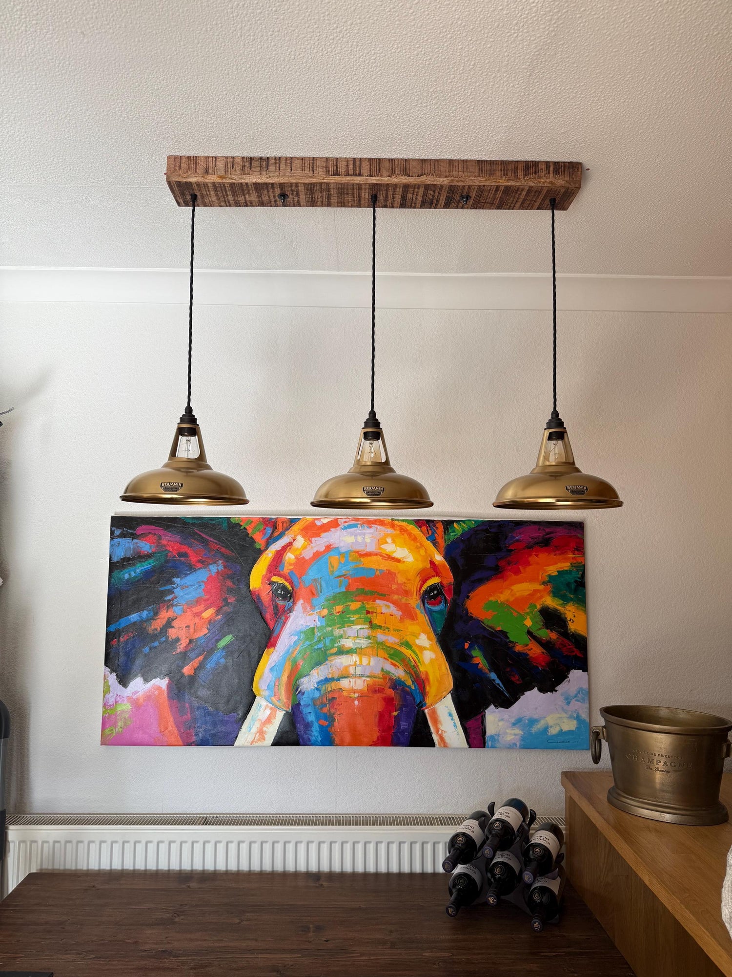 Cawston ~ 3 x Antique Brass Lampshade Pendant Set Wooden Track Light | Dining Room Table | Kitchen Island Lighting