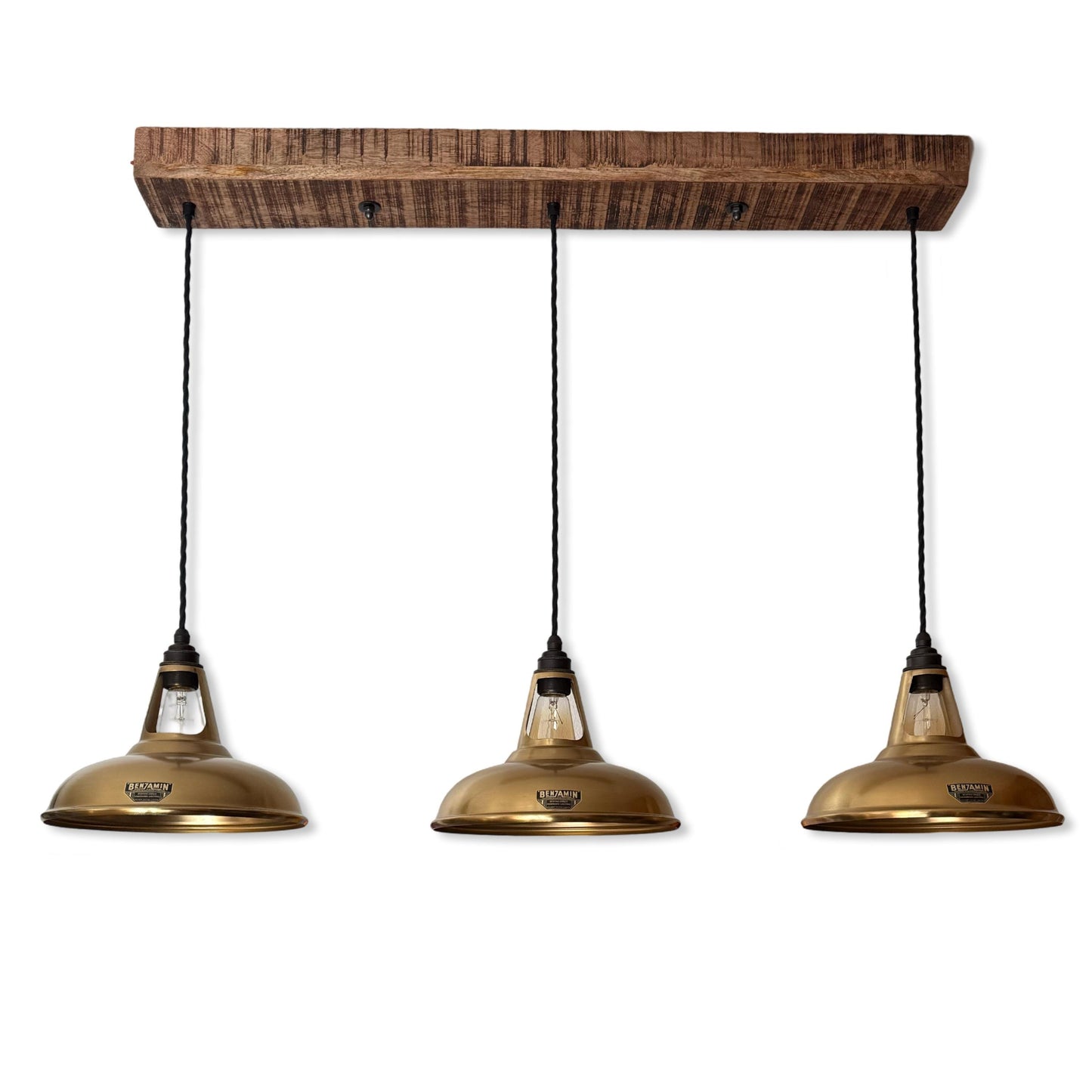 Cawston ~ 3 x Antique Brass Lampshade Pendant Set Wooden Track Light | Dining Room Table | Kitchen Island Lighting