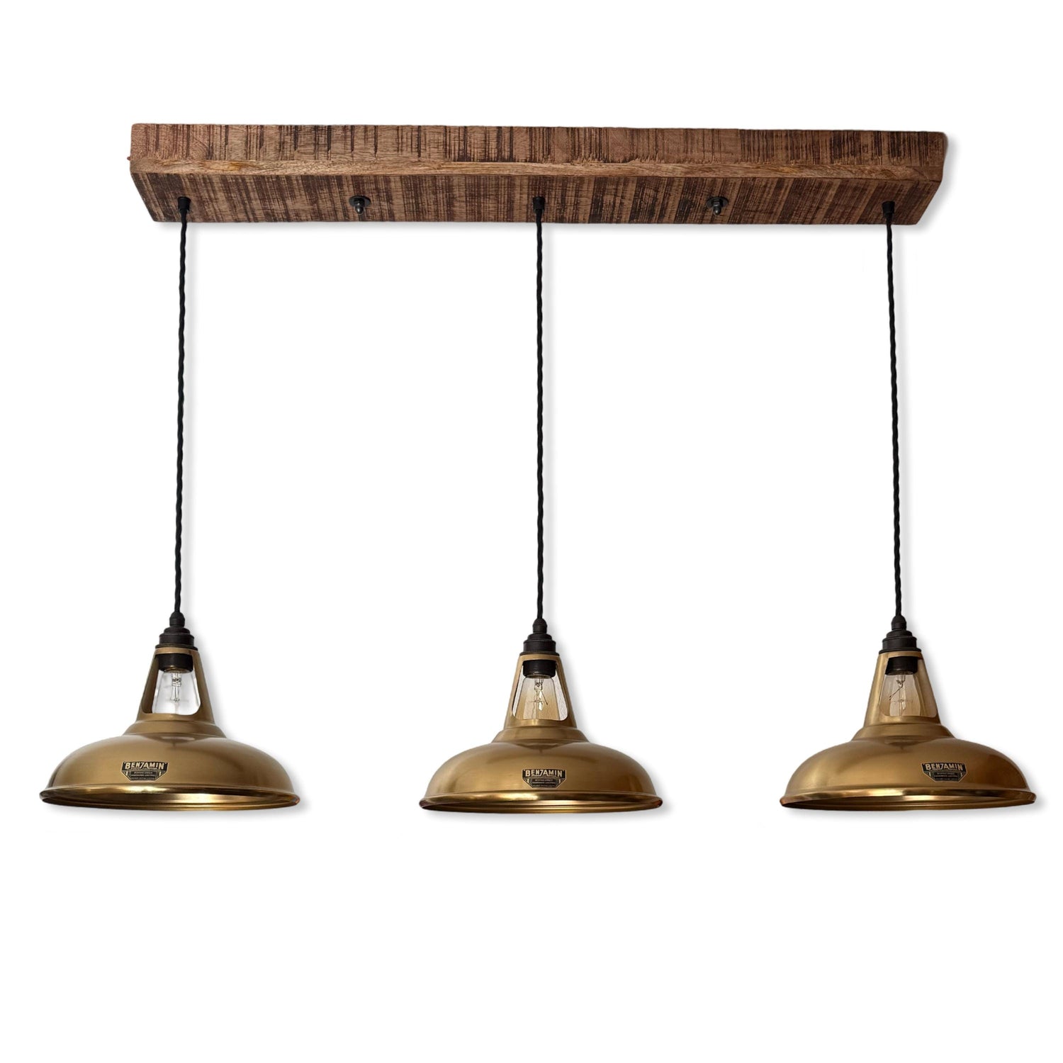Cawston ~ 3 x Antique Brass Lampshade Pendant Set Wooden Track Light | Dining Room Table | Kitchen Island Lighting