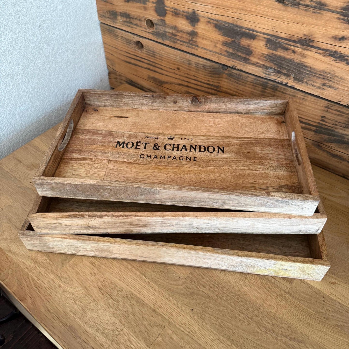 Wooden Serving Trays Moët & Chandon Champagne Butlers Crates Storage Boxes Natural Finish