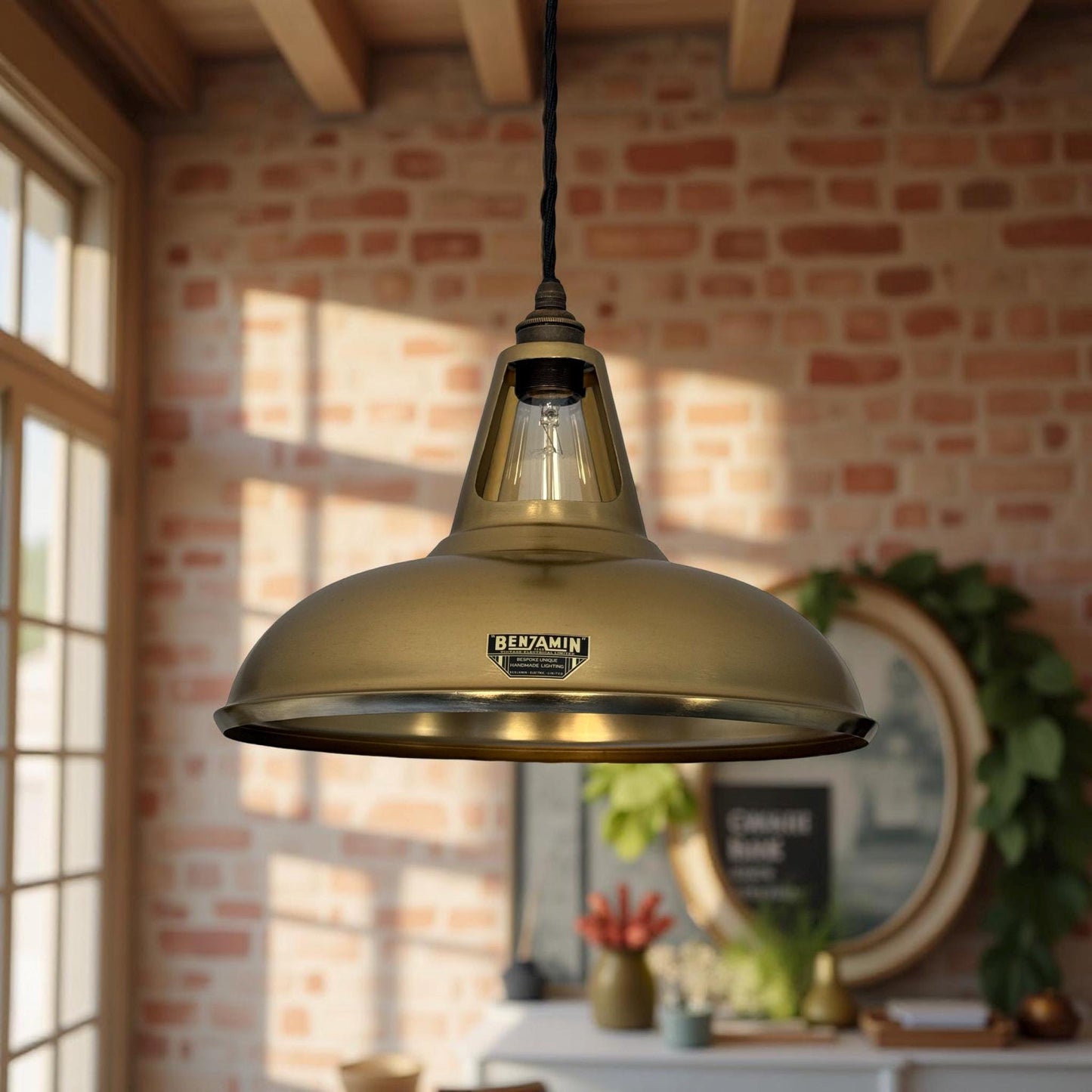 Cawston XL - Antique Brushed Brass Lampshade Pendant Ceiling Light - 14 Inch
