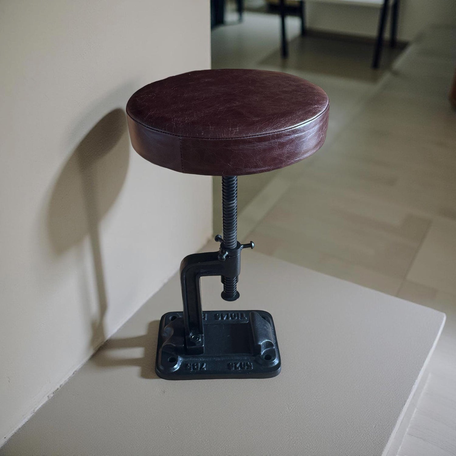 Vice Clamp Industrial Solid Bar Stool Wood or Leather Top Solid Cast Metal Base | Vintage Style | Floor Standing