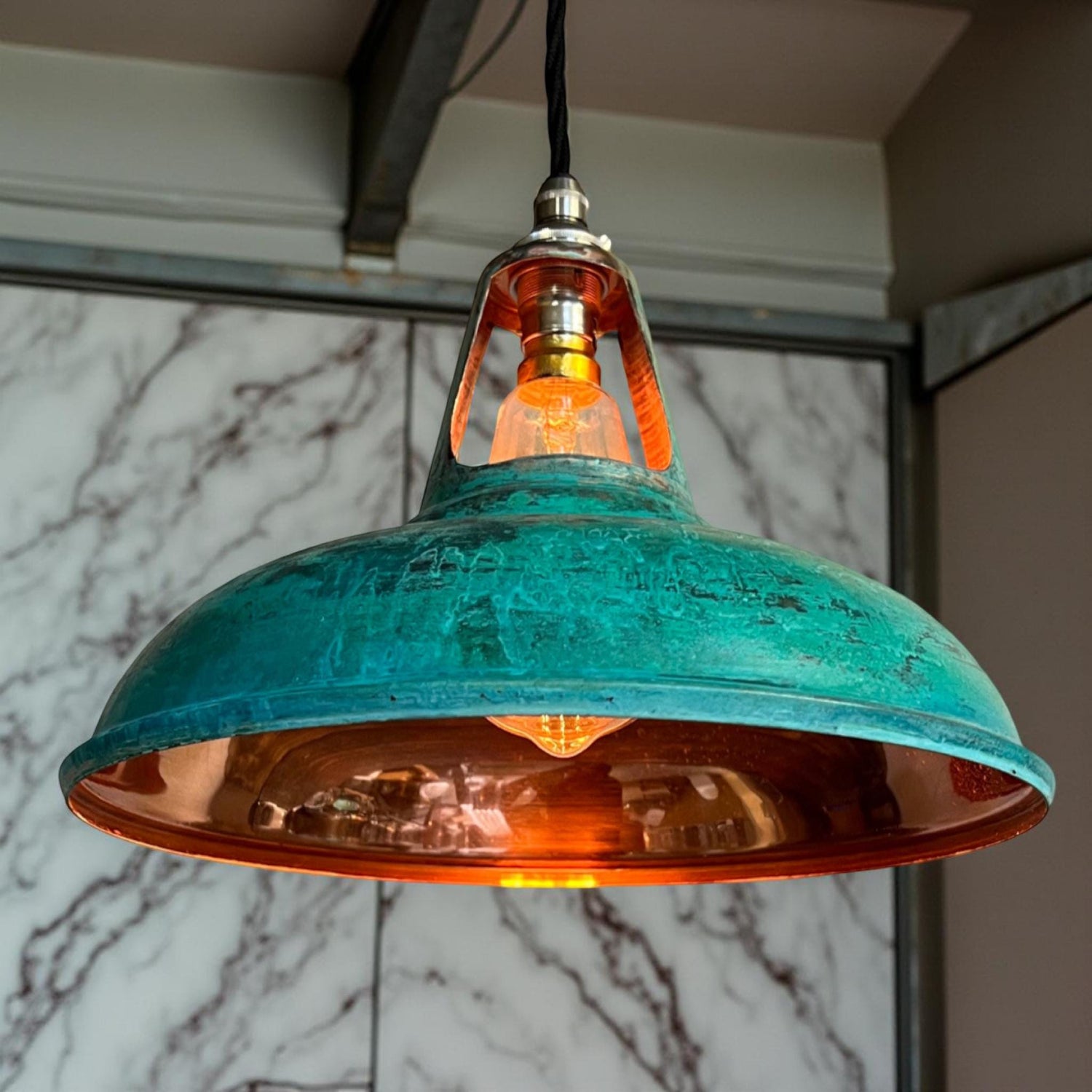 Cawston - Solid Copper Verdigris Patina Slotted Lampshade Pendant Set Light - 11 Inch
