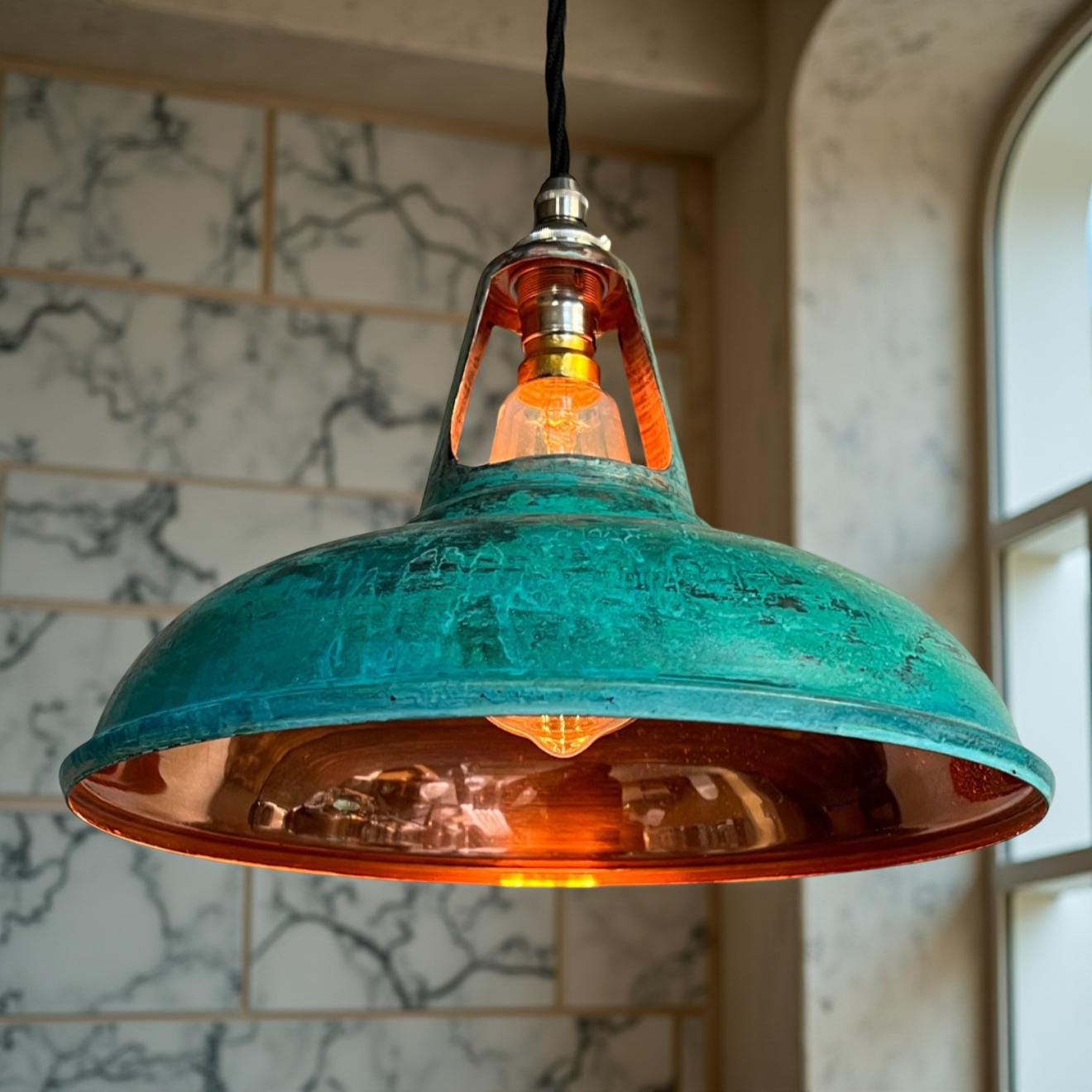 Cawston - Solid Copper Verdigris Patina Slotted Lampshade Pendant Set Light - 11 Inch