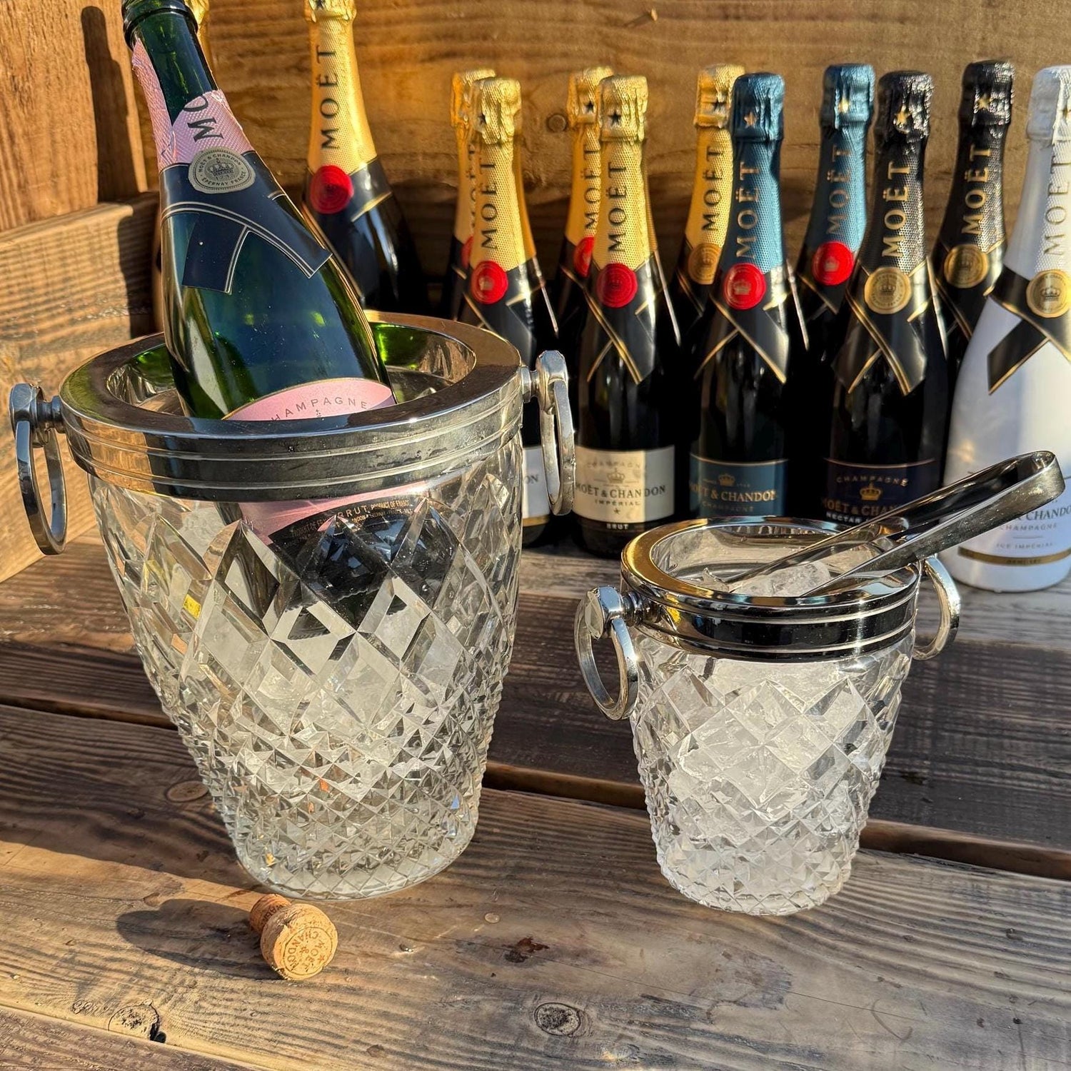 Luxury 3 Piece Solid Glass Hand Cut Engraved Wine & Champagne Ice Cooler