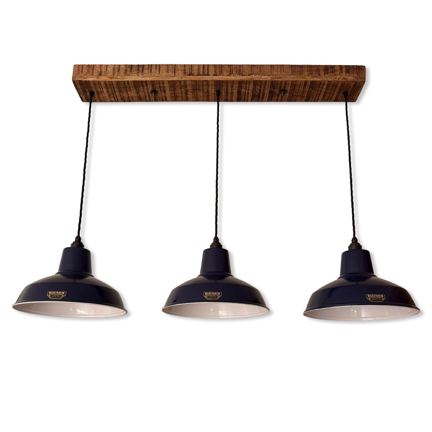 Filby - 3 x Royal Blue Lampshade Pendant Set Wooden Track Light | Dining Room | Kitchen Table