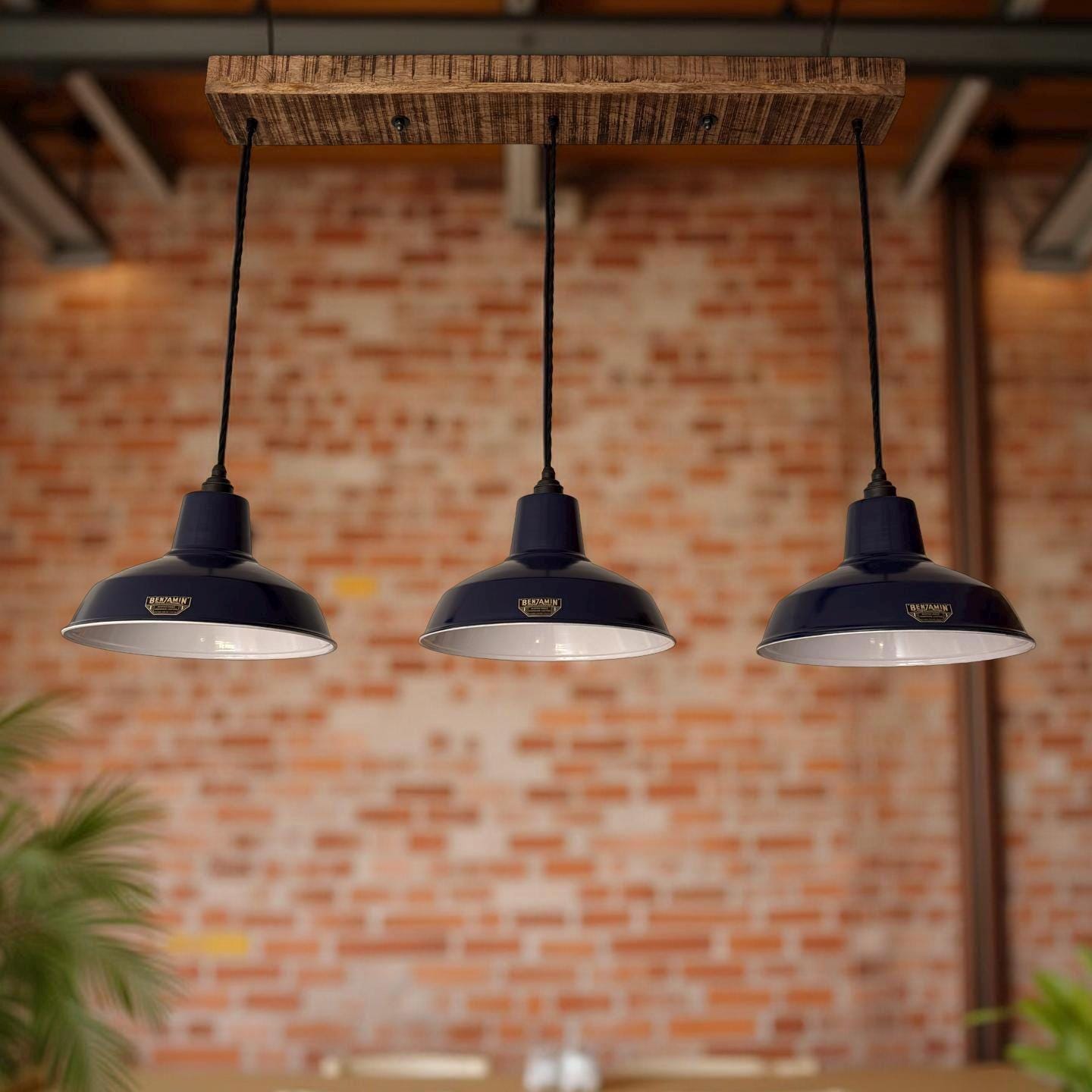 Filby - 3 x Royal Blue Lampshade Pendant Set Wooden Track Light | Dining Room | Kitchen Table