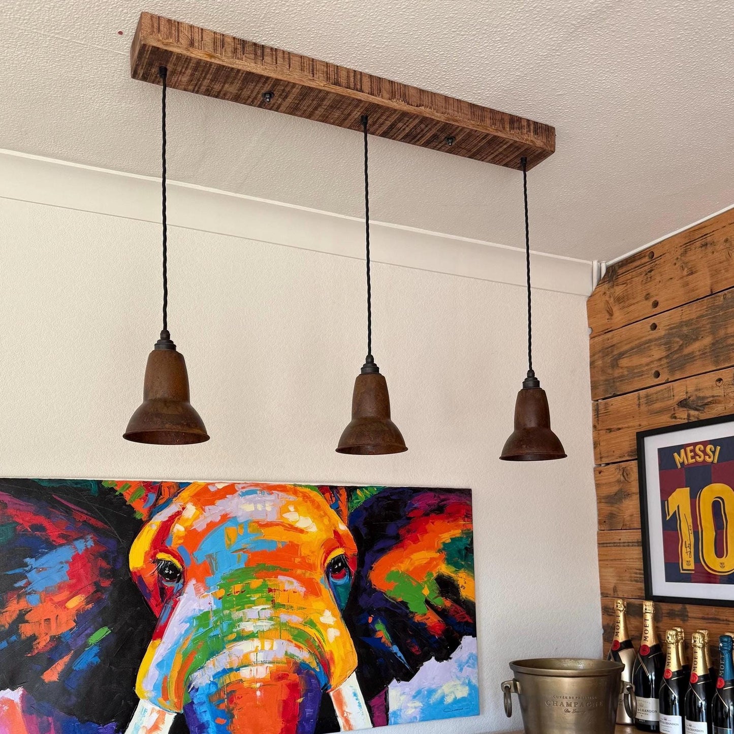 Alby ~ 3 x Rusted Lampshade Pendant Set Wooden Track Light | Dining Room | Kitchen Table