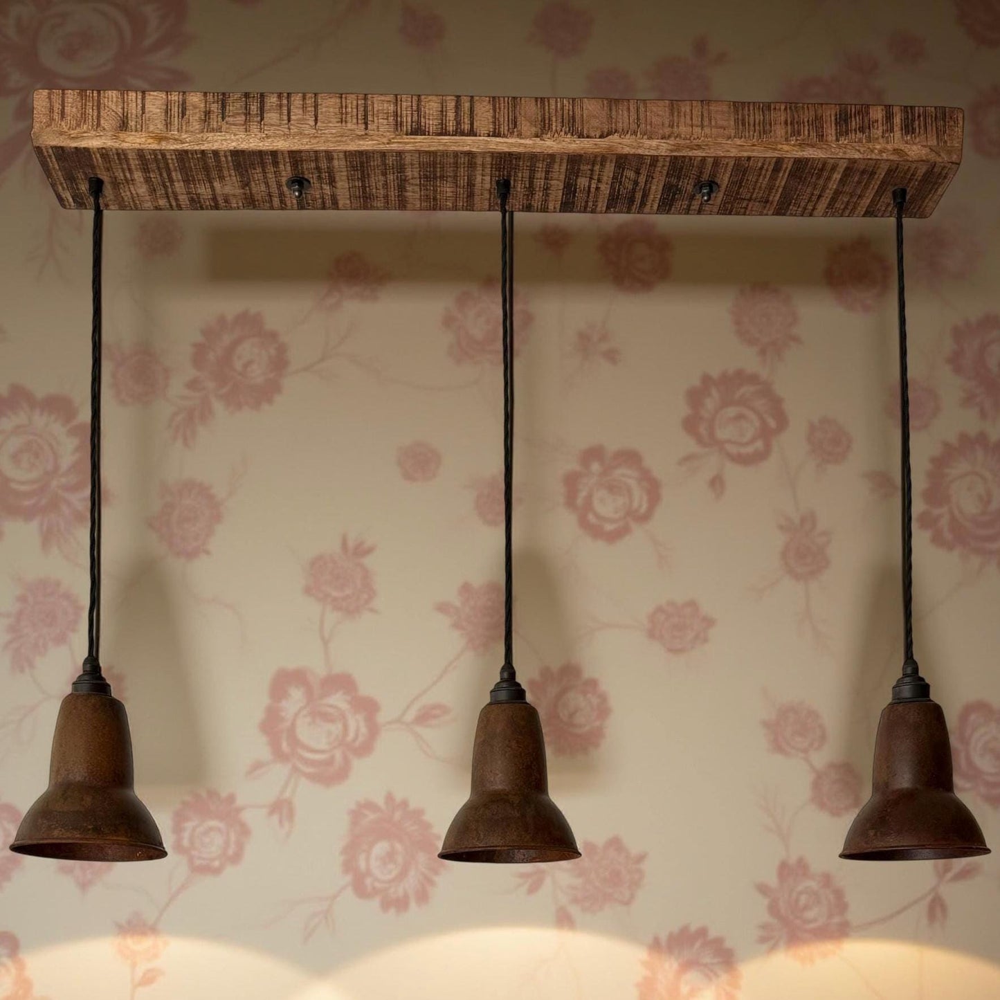 Alby ~ 3 x Rusted Lampshade Pendant Set Wooden Track Light | Dining Room | Kitchen Table