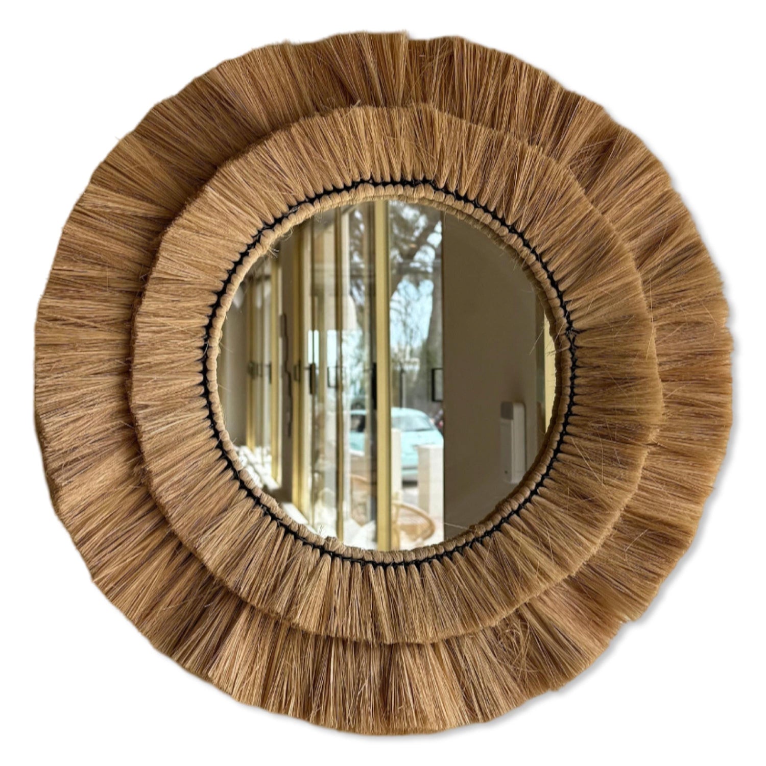 Maxlume ~ Handmade Round Wall Glass Mirror double contour cane raffia for an ultra trendy decoration | made by hand | 22 Inch